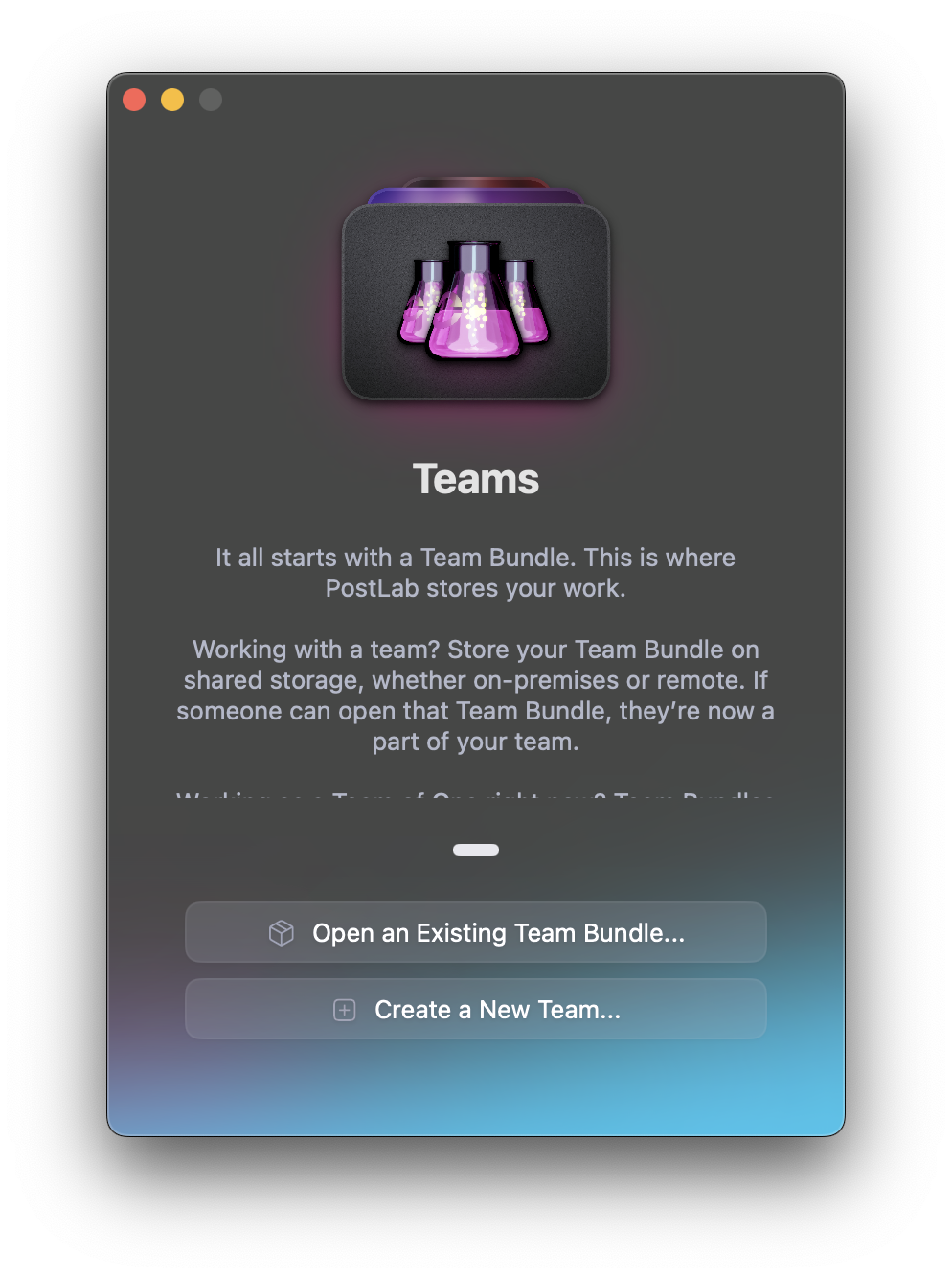 PostLab onboarding - Open or create a new Team Bundle